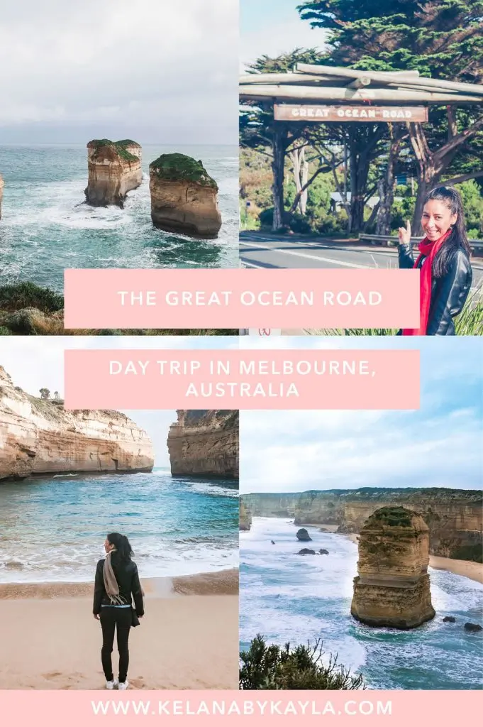 Four scenic photos of The Great Ocean Road, Australia: rocky sea stacks, a woman smiling by a road sign, coastal cliffs, and a woman standing on a sandy beach. Text overlays promote a Melbourne day trip, feature highlights from a great ocean road itinerary, and showcase an inspiring travel website.