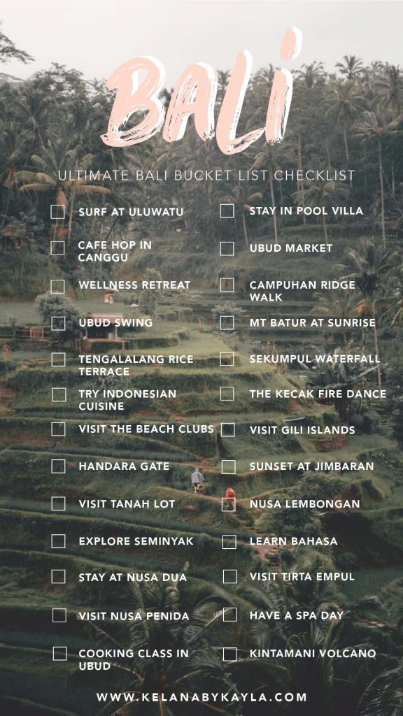 BaliBucketList_Checklist Bali Bucket List - best things to do in Bali check list. Background image of baeautiful rice fields in Ubud Bali.