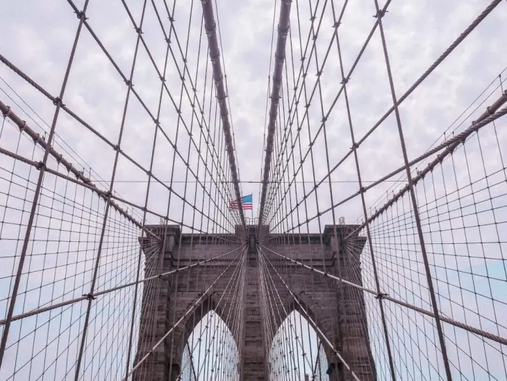 View of the Brooklyn Bridge cables and stone towers from below, with an American flag at the top, set against a partly cloudy sky—a must-see highlight for any New York itinerary.