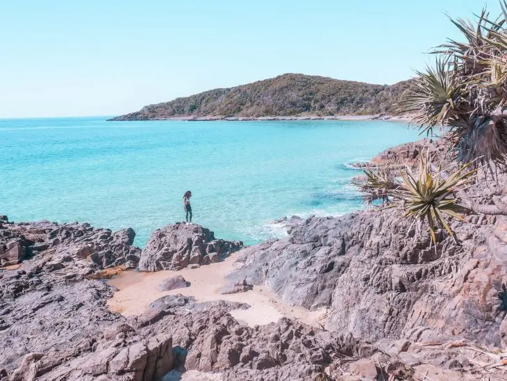 A person stands on rocky cliffs along the Noosa Coastal Walk, overlooking clear turquoise water, with an island covered in greenery in the background under a bright, blue sky.
