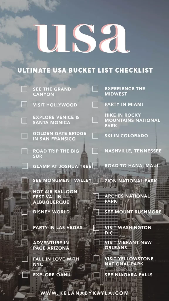 Ultimate USA bucket list checklist over a cityscape background, featuring checkboxes for iconic destinations such as the Grand Canyon, Las Vegas, Yellowstone, New York City, San Francisco, Niagara Falls, and breathtaking national parks—your essential guide for every usa bucket list adventure.
