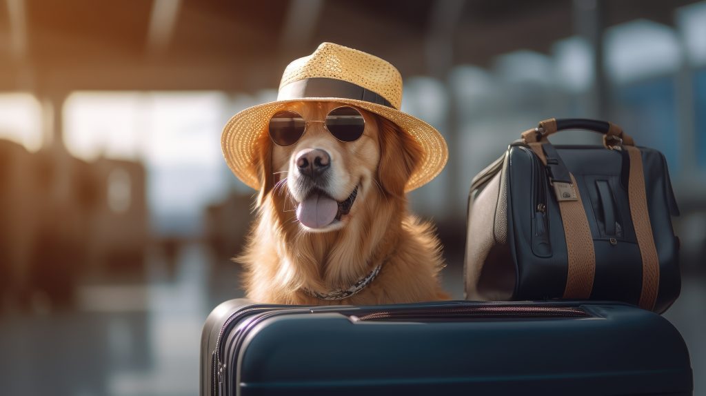 Ready for the Adventure: A stylish golden retriever, wearing a hat and sunglasses, stands with a suitcase, ready for a vacation in this adorable studio portrait against