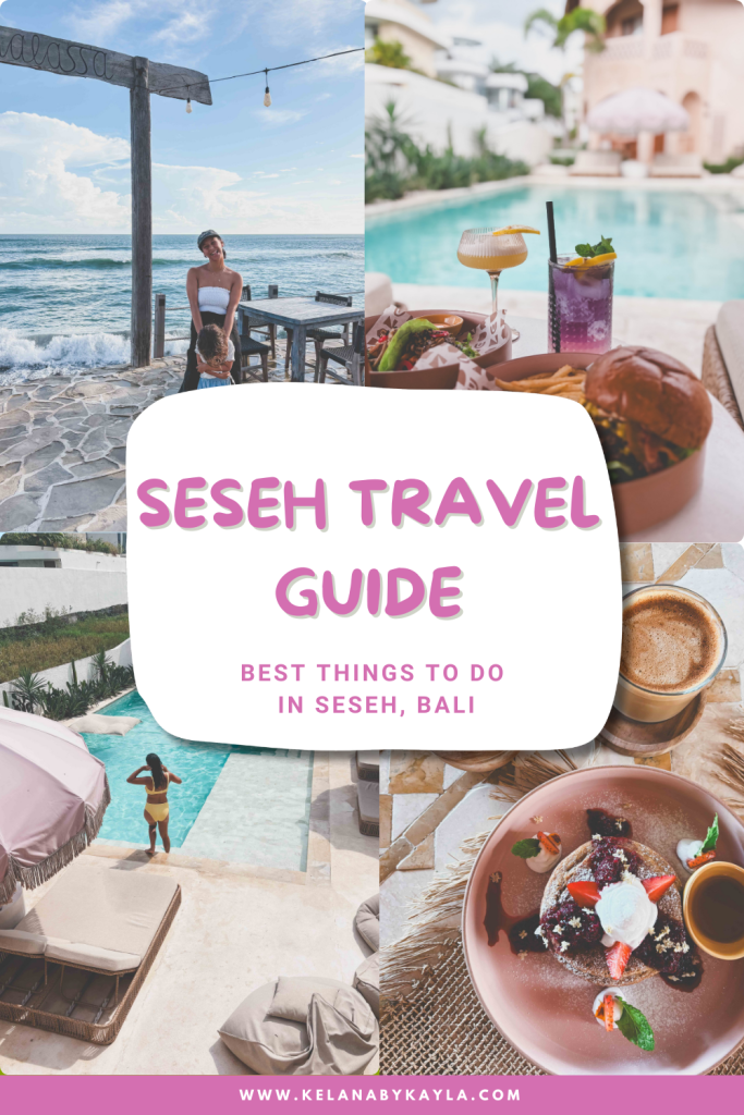A collage featuring Seseh Beach views, a woman by the ocean, pools, and plates of food, with text: Seseh Travel Guide – Best Things to Do in Seseh, Bali in the center. Website link is at the bottom.