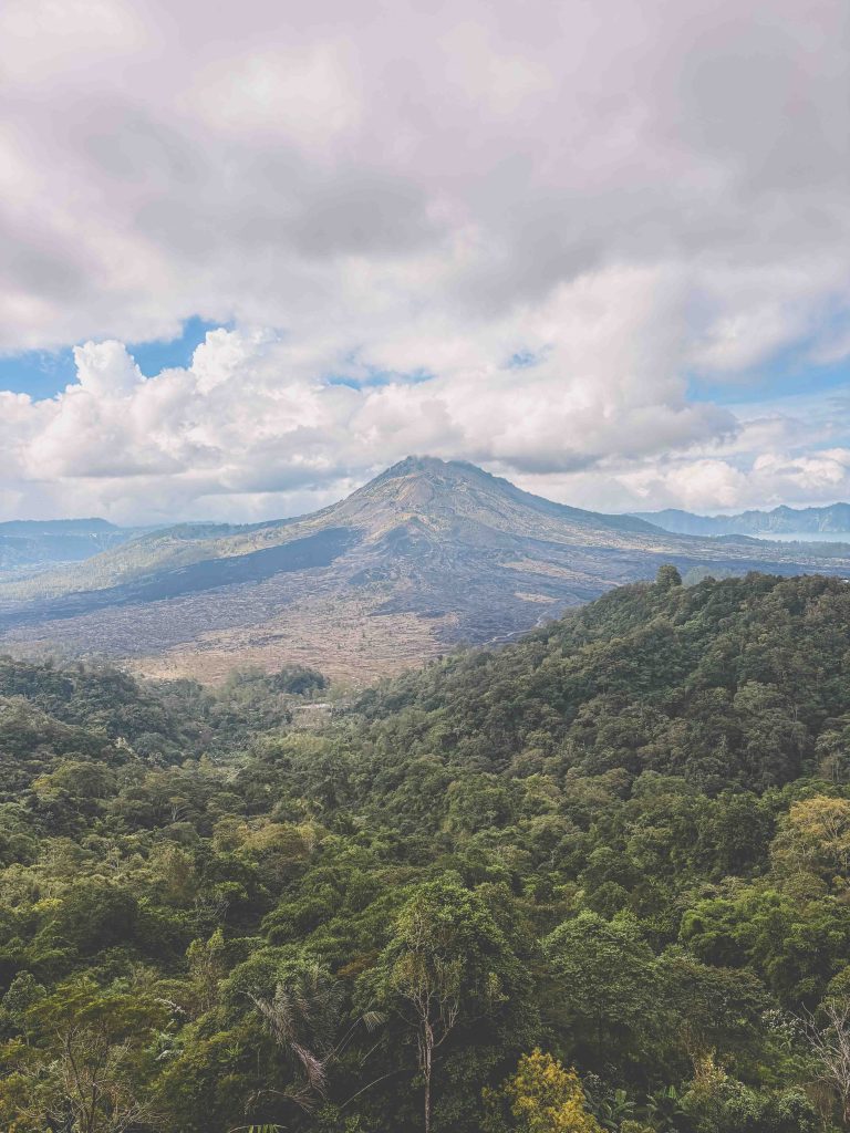 View of a lush green forest with Mount Batur, a tall, cone-shaped mountain, in the background under a partly cloudy sky. The scene is bright and expansive, highlighting natural beauty and stunning layered landscapes.