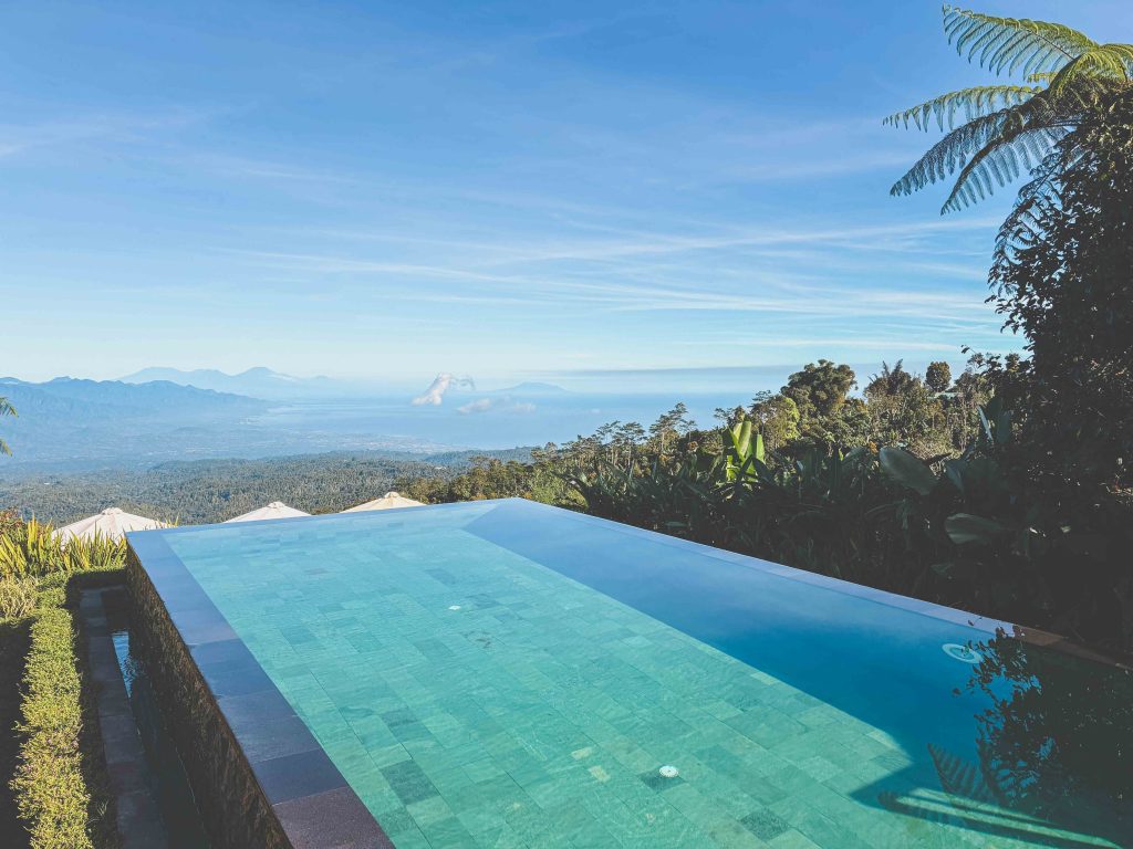 An infinity pool at Munduk Moding Plantation overlooks a lush tropical landscape with mountains and blue sky in the distance, offering a breathtaking view of Java, surrounded by vibrant greenery and towering trees.