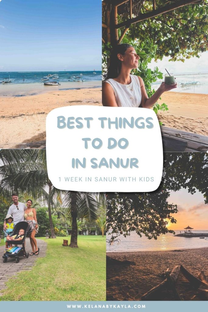 A vibrant collage shows a beach, a woman drinking coconut water, a family walking with a stroller, and a stunning sunset view, perfectly capturing the best things to do in Sanur during 1 week in Sanur with kids.