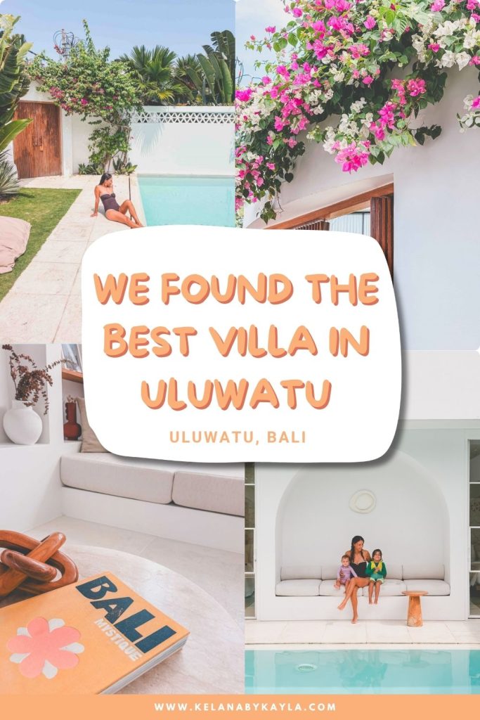 Collage of a Nisi Villas Uluwatu, featuring a woman by a pool, blooming bougainvillea, an interior seating area with a Bali travel book, and a woman with two children on a sofa, with the text We found the best villa in Uluwatu.